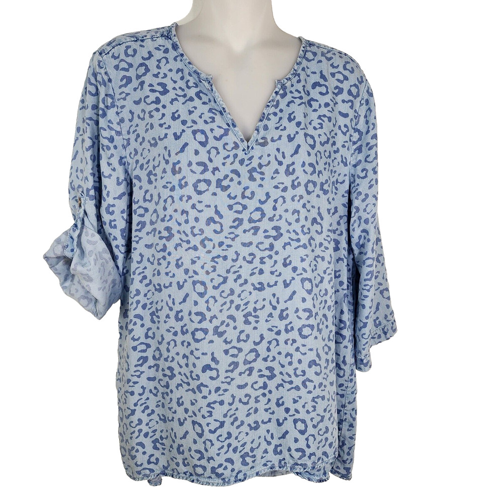 Philosophy Tunic Top Women Medium Blue Cheetah Animal Print 3/4 Sleeve Tencel